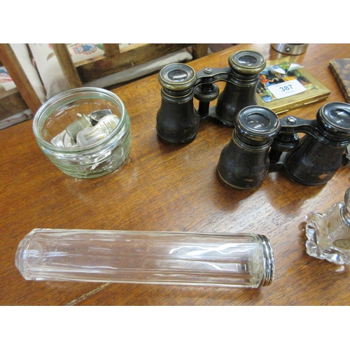 387 - Curios inc.2 prs Opera glasses, oak and silver pepper mill, facet glass and white metal, vesta case,... 