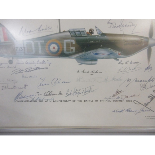 402 - Frame print commemorating 40th anniversary of the battle of Britain summer 1980 signed by the pilots... 