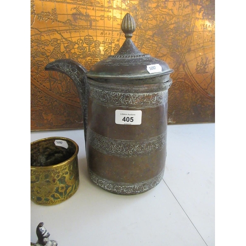 405 - Large copper jug A/F together with 2 brass cups