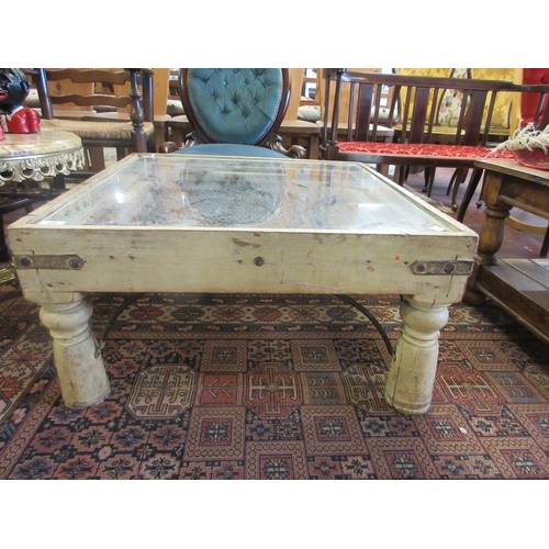 450 - Interesting carved coffee table metal work center covered by a glass top - Approx W: 79cm D: 79cm H:... 