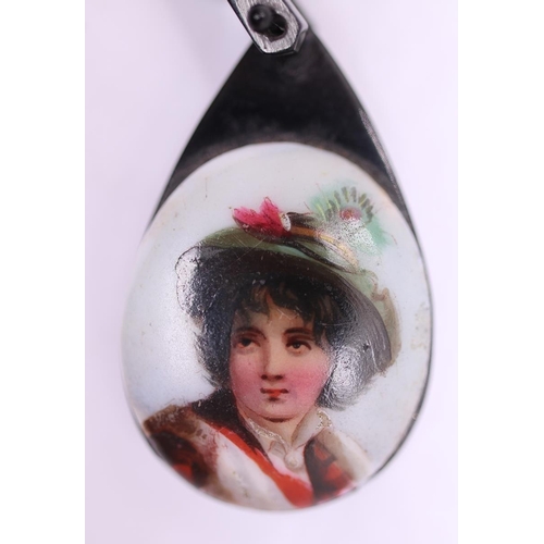 53 - Hand painted miniature portrait pendant on Whitby jet