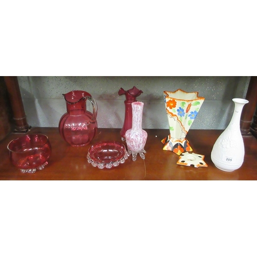 205 - Collection of cranberry glass and Art Deco vase etc