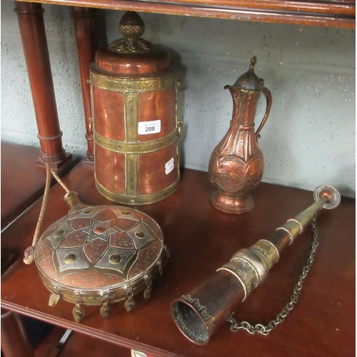 208 - Middle Eastern copper and brass wares, including hunting horn, flask, large container and coffee pot... 