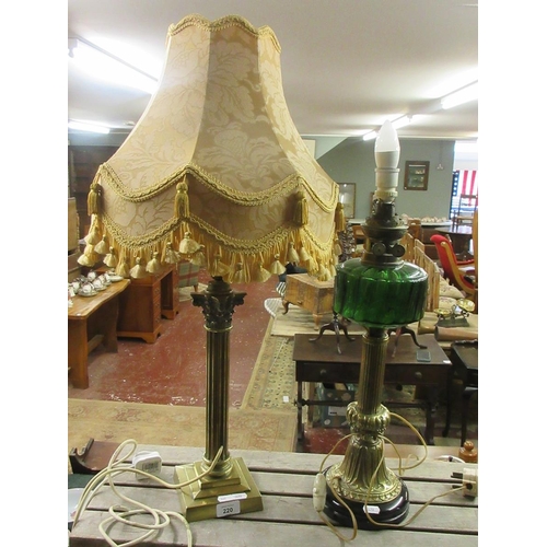 220 - 2 lamps - Brass Corinthian column with quality damask shade together with a converted brass and glas... 