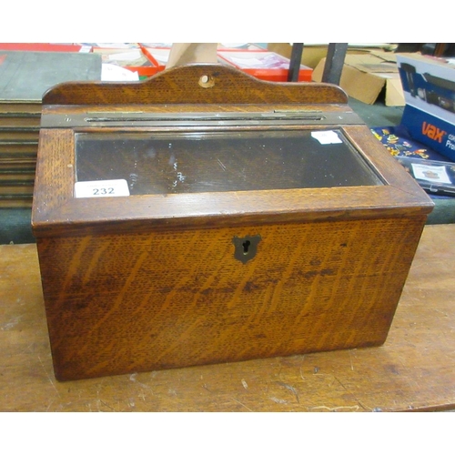 232 - Edwardian oak postal box with brass letter slot containing 3 WW1 embroidered postcards