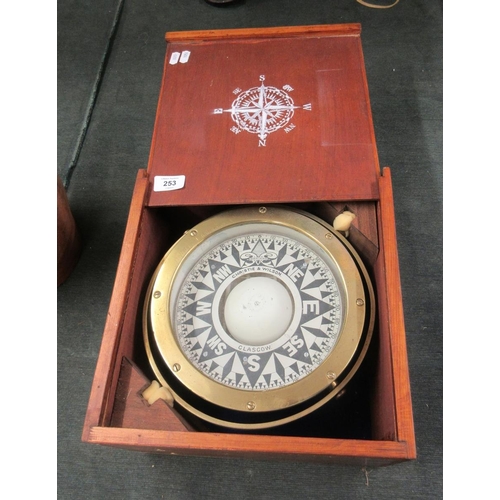 253 - Large brass trawler compass in wooden box by Christie & Wilson, Glasgow