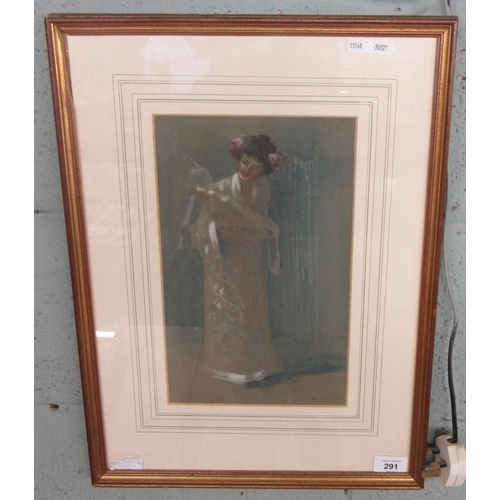 291 - Pastel drawing of an Oriental lady - Approx image size 19cm x 31cm