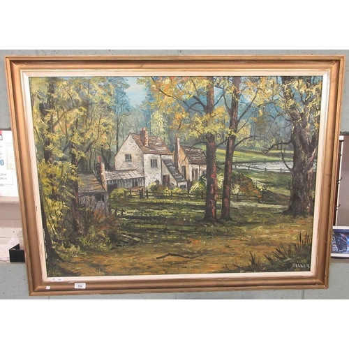 294 - Woodland cottage by Nigel Hallard (1936-2020) , framed oil on board - Approx image size 93cm x 67cm