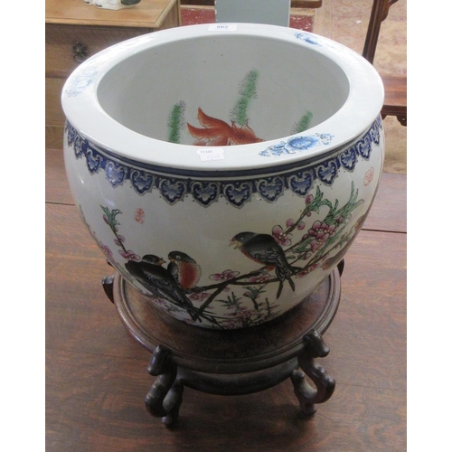 298 - Large hand painted Chinese fish bowl on wooden stand