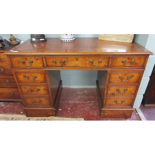 305 - Burr Walnut pedestal desk - Approx W: 121cm  D: 60cm  H: 76cm