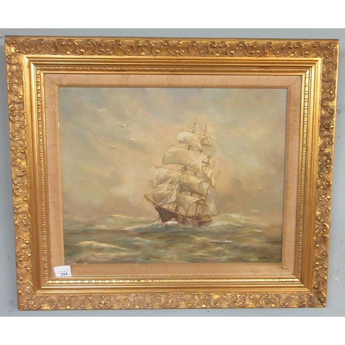 354 - Oil on canvas nautical scene - H J Rundell - Approx image size 49cm x 39cm