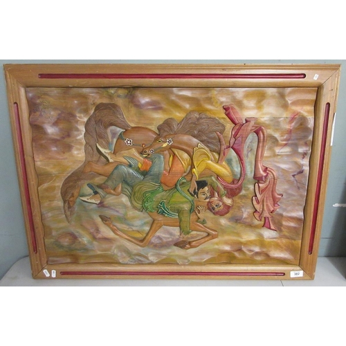 382 - Large wooden carved picture of 'Arabian Nights' signed in Persian - Approx image size 64cm x 90cm