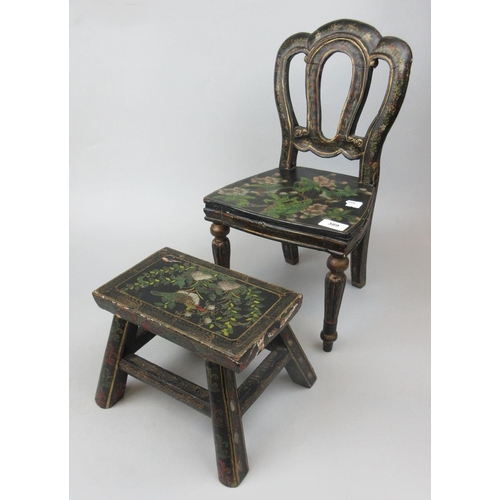 389 - Victorian child's chair and footstool decorated with birds picking blossom