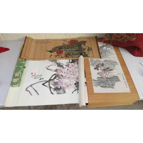 401 - Chinese fabric watercolour painting plus other Chinese scroll paintings on fabric or bamboo. 5 in to... 