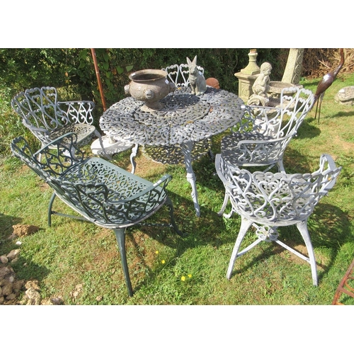 479 - Metal garden table with 4 matching chairs & bench