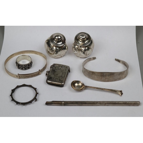 6 - Collection of silver items comprising Vesta case, marcasite ring, 2 bangles, spoon,engraved pen and ... 