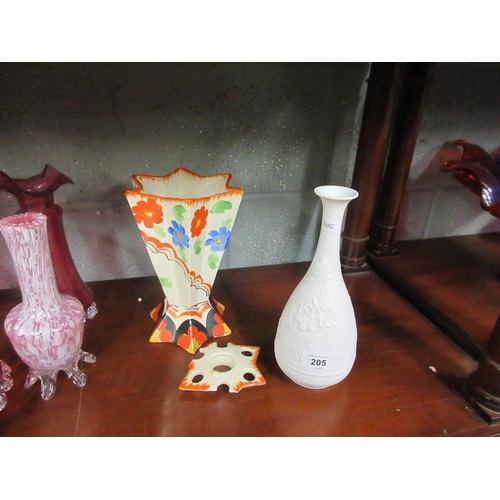 205 - Collection of cranberry glass and Art Deco vase etc