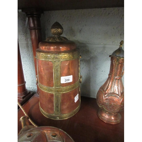 208 - Middle Eastern copper and brass wares, including hunting horn, flask, large container and coffee pot... 