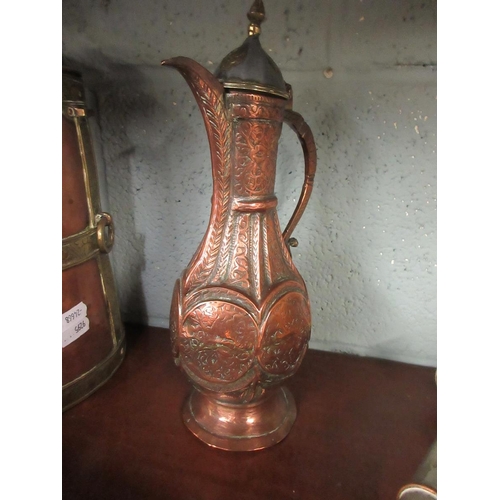 208 - Middle Eastern copper and brass wares, including hunting horn, flask, large container and coffee pot... 