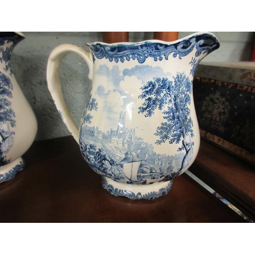 211 - 3 Mason's graduated jugs brown velvet together 3 Palissy Staffordshire blue and white graduated jugs