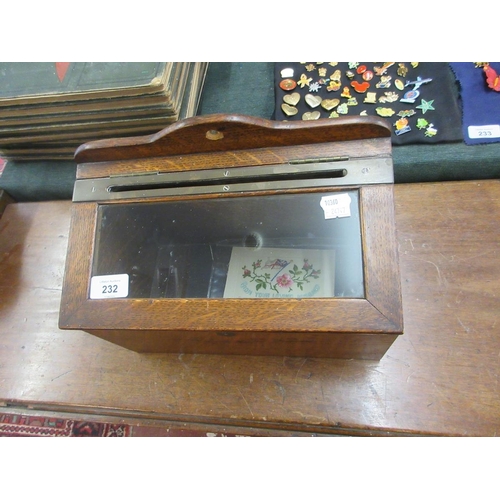 232 - Edwardian oak postal box with brass letter slot containing 3 WW1 embroidered postcards