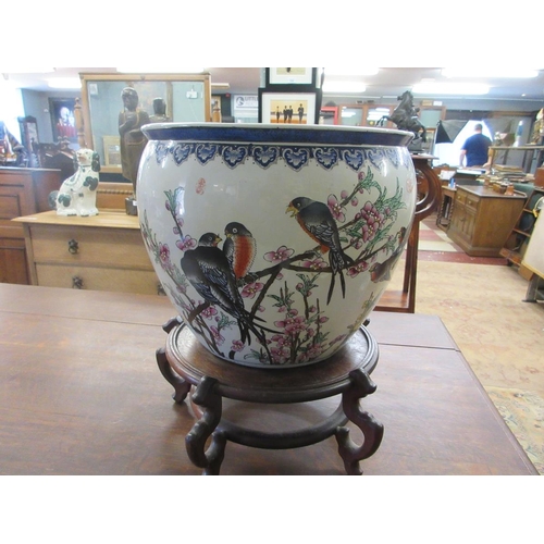 298 - Large hand painted Chinese fish bowl on wooden stand