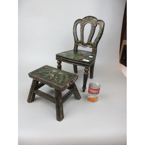 389 - Victorian child's chair and footstool decorated with birds picking blossom