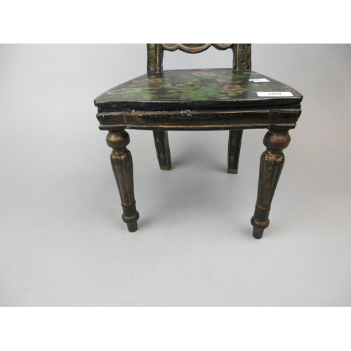 389 - Victorian child's chair and footstool decorated with birds picking blossom