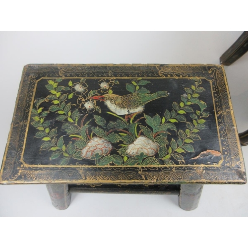 389 - Victorian child's chair and footstool decorated with birds picking blossom