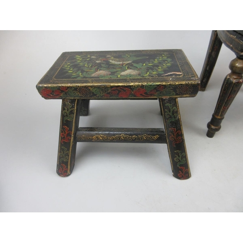 389 - Victorian child's chair and footstool decorated with birds picking blossom