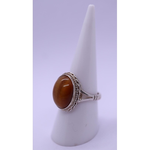 63 - Silver tigers eye set ring - Size P