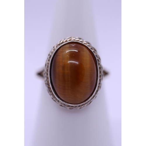 63 - Silver tigers eye set ring - Size P