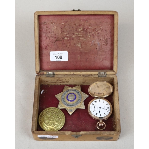 109 - Collectables to include Deputy Sheriff badge, gold plated pocket watch etc