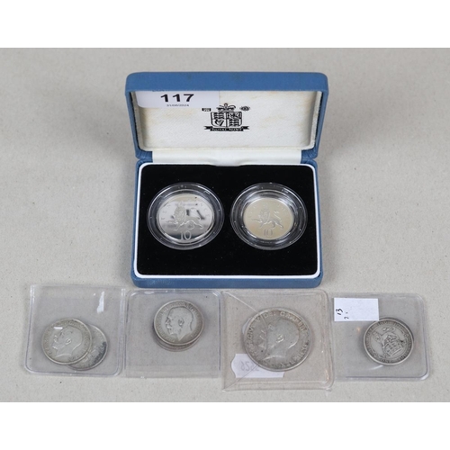 117 - Silver Proof 10 Pence piece set, 1918 Silver Half Crown and 6 pre-1920 One Shilling ( good condition... 