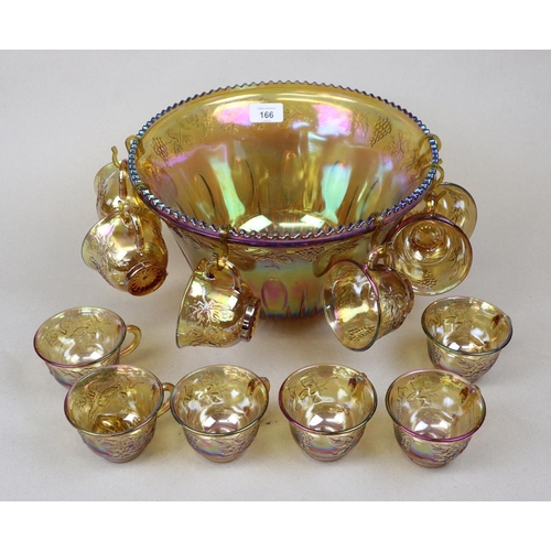 166 - Carnival glass punch bowl and cups