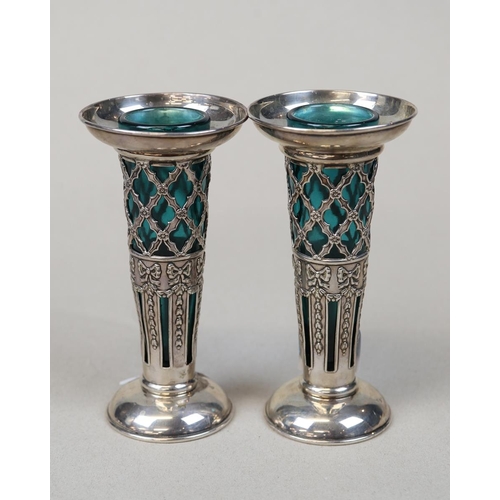 18 - Pair of hallmarked silver vases with green glass inserts Chester 1906 - Approx weight of silver 204g