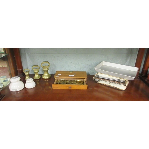 207 - Vintage brass scales in wooden box, with brass and enamel weights, plus enamel kitchen scales