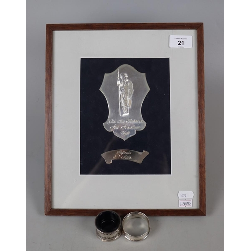 21 - Silver framed plaque together with napkin ring and salt pot