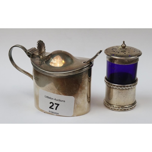 27 - Hallmarked silver mustard pot London 1898 & hallmarked silver pepperette Chester 1919 - Approx w... 