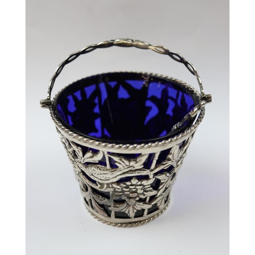 28 - Hallmarked silver pierced sugar bowl with blue glass liner together with spoon - Approx weight 87g