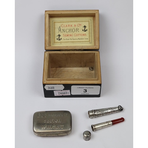 3 - Cotton box with vesta and hallmarked silver cigarette holder in case