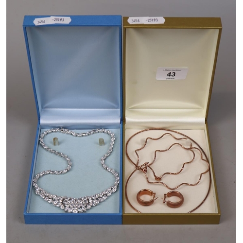 43 - Pair of 9ct rose gold earrings approx weight 4.6g together with 2 silver rose gold coloured necklace... 