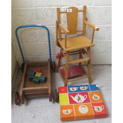 432 - Dolls high chair and child training walker together with teaset