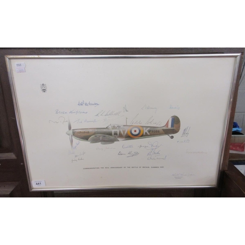 441 - Framed print commemorating 40th anniversary of the battle of Britain summer 1940 signed by the pilot... 