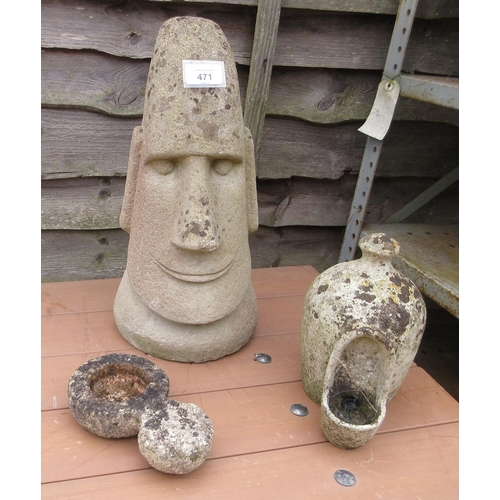 471 - Reconstituted stone Easter Island head etc