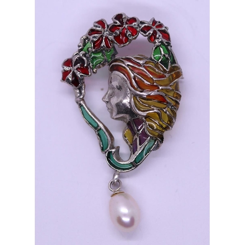 51 - Silver & enamel pearl drop brooch