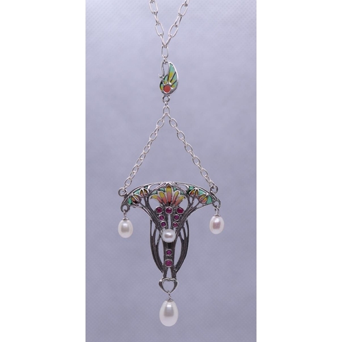 60 - Silver & enamel, ruby & pearl set pendent on chain