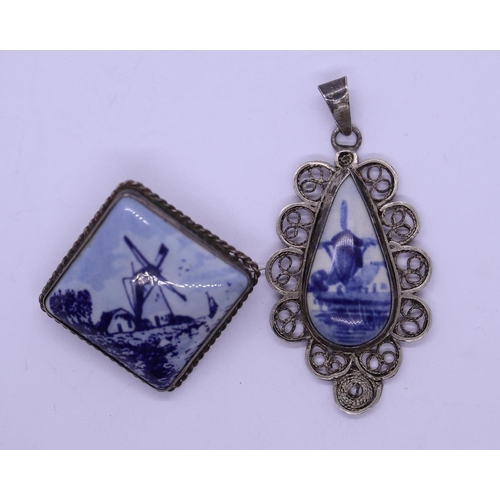 67 - Silver delft pendent & brooch