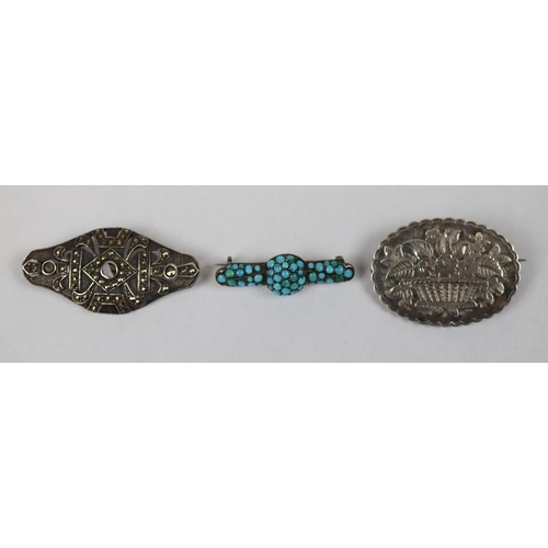 74 - 3 silver brooches, one set with Turquoise