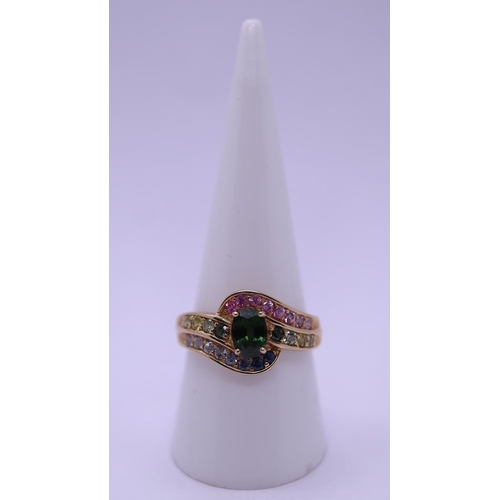 87 - 9ct gold multi coloured stone set ring - Size R